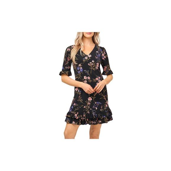 CECE Womens Black 3/4 Sleeve V Neck Above The Knee Cocktail Ruffled Dress XS - Picture 1 of 3